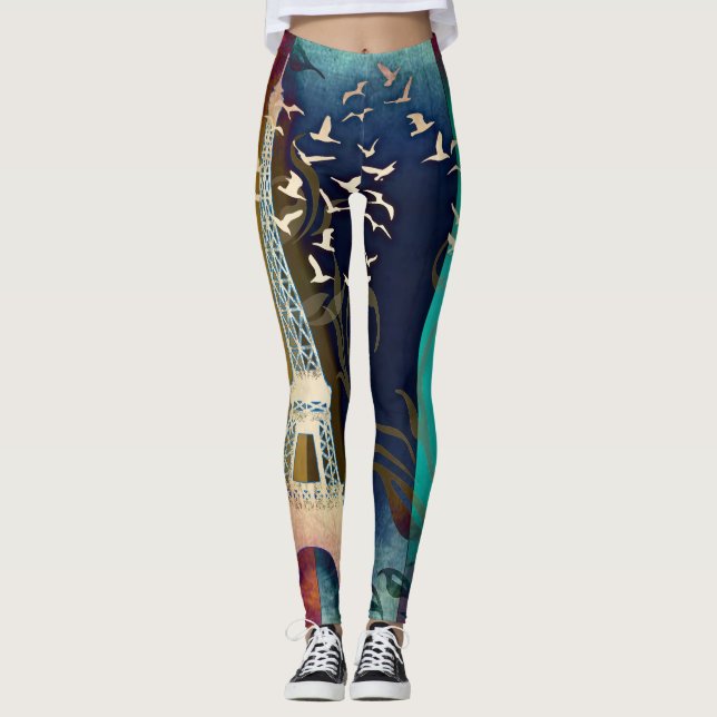 Colorful Eiffel Tower Paris bird leggings (Front)