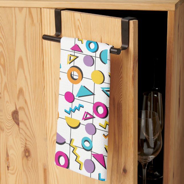 Colorful Eighties 80's Retro Geometric Pattern Kitchen Towel (Thirds Fold)