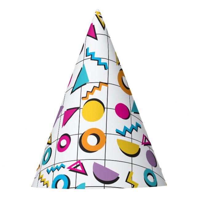 Colorful Eighties 80's Retro Geometric Pattern Party Hat (Front)