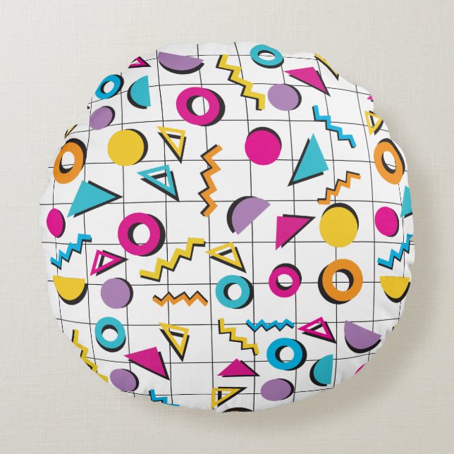 Colorful Eighties 80's Retro Geometric Pattern Round Pillow (Front)