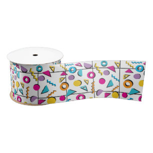 Colorful Eighties 80's Retro Geometric Pattern Satin Ribbon