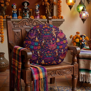 Colorful El Día de los Muertos Dancing Catrinas Round Pillow
