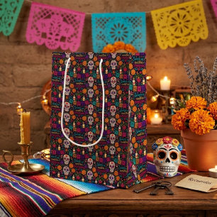 Colorful El Día de los Muertos Floral Sugar Skull Medium Gift Bag
