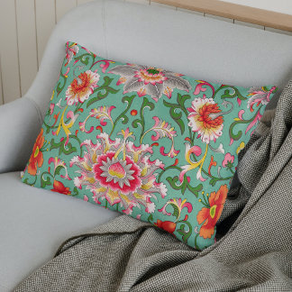 Colorful Elegant Asian Floral Chinoiserie Green Accent Pillow