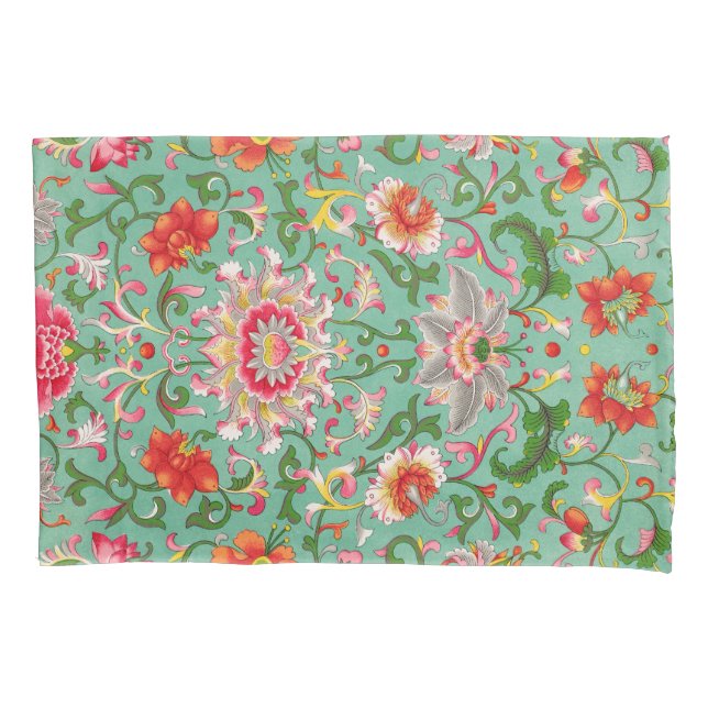 Colorful Elegant Asian Floral Chinoiserie Pattern Pillow Case (Front)