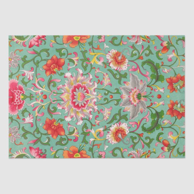 Colorful Elegant Asian Floral Chinoiserie Pattern Tissue Paper (Front)