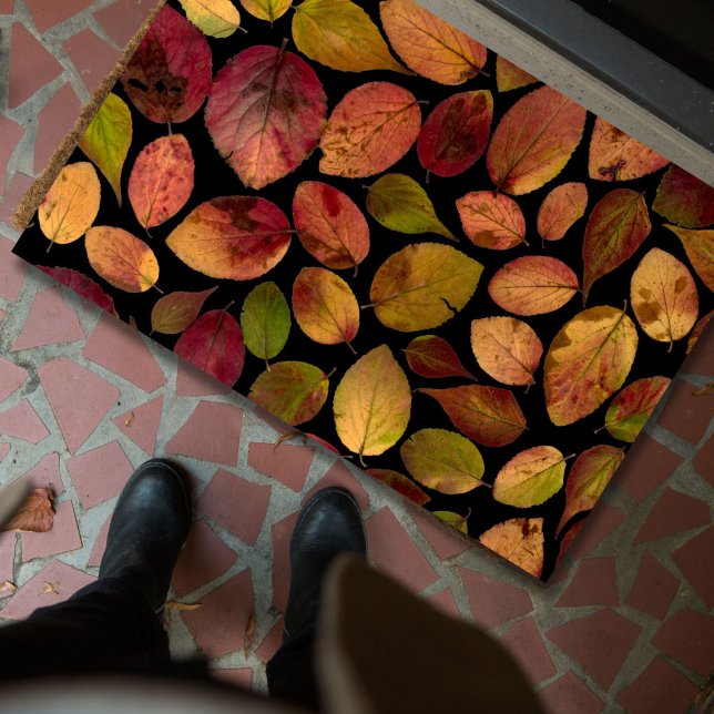 Colorful Elegant Autumn Leaves on Black Doormat (Add an elegant, colorful welcome to your doorstep with this autumn leaves doormat.)