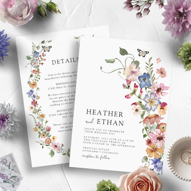 Colorful Elegant Floral Wedding Invitation (Watercolor Vintage Colorful Wildflower Wedding Invitation with Details by Painted Paperie)