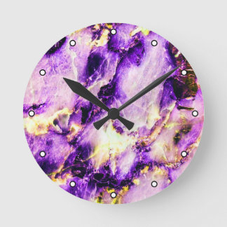 Colorful Elegant Marble Purple Pink and Gold Dots Round Clock