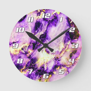 Colorful Elegant Marble Purple Pink Gold Numbers Round Clock
