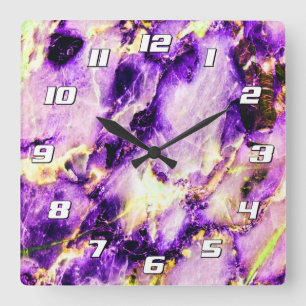 Colorful Elegant Marble Purple Pink Gold Numbers Square Wall Clock