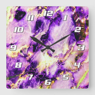 Colorful Elegant Marble Purple Pink Gold Numbers Square Wall Clock