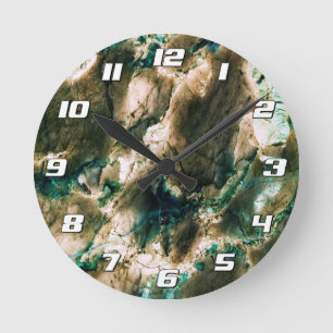 Colorful Elegant Marble Tan Brown and Aqua Numbers Round Clock
