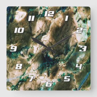 Colorful Elegant Marble Tan Brown and Aqua Numbers Square Wall Clock