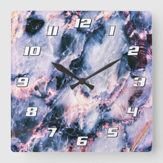 Colorful Elegant Marble White Blue an Pink Numbers Square Wall Clock