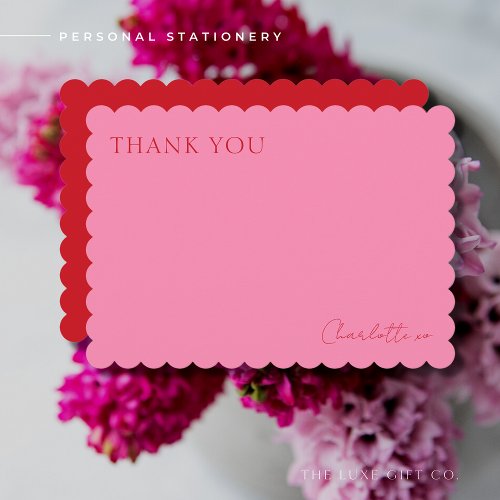 Colorful Elegant Pink and Red Scalloped Edge Thank You Card