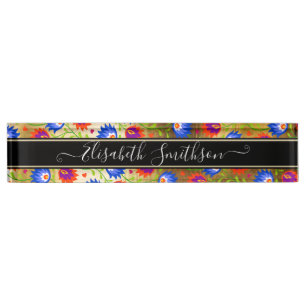 Colorful Elegant Professional Bold Bohemian Floral Desk Name Plate