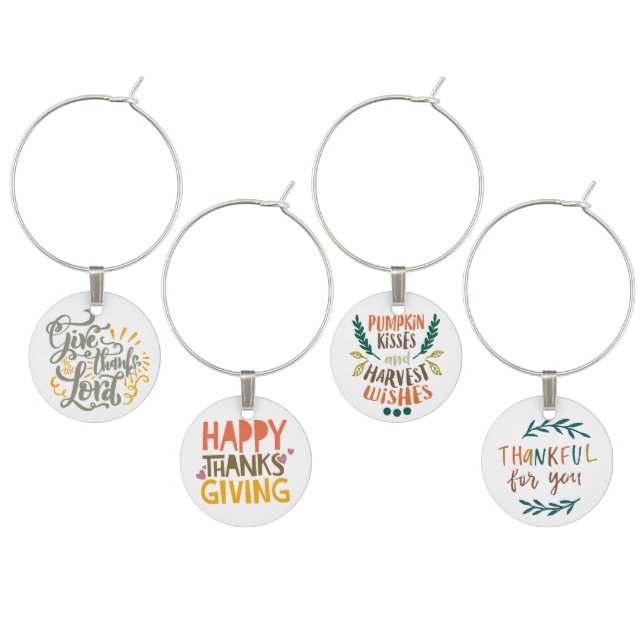 Colorful Elegant Thanksgiving Slogans Wine Charms (Staggered)