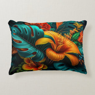 Colorful Elegant Tropical Leaves and Flowers Accent Pillow