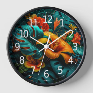 Colorful Elegant Tropical Leaves and Flowers   Clock