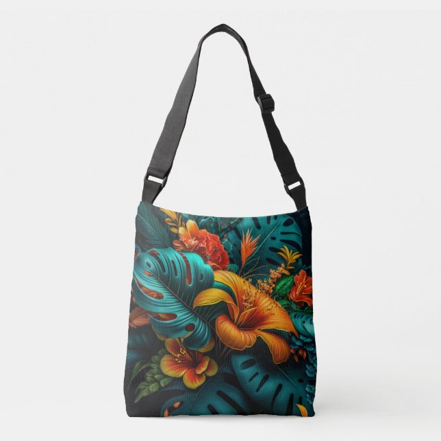 Colorful Elegant Tropical Leaves and Flowers | Crossbody Bag (Front)