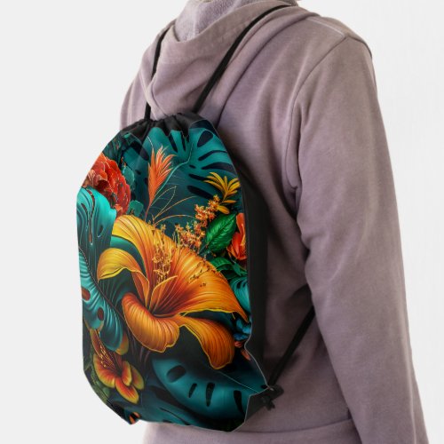 Colorful Elegant Tropical Leaves and Flowers  Drawstring Bag