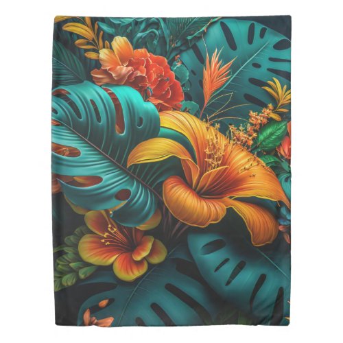 Colorful Elegant Tropical Leaves and Flowers  Duvet Cover