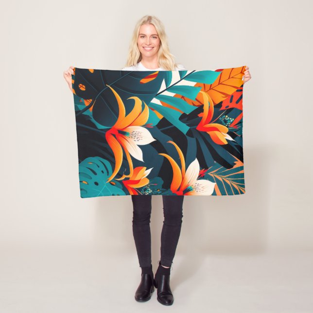 Colorful Elegant Tropical Leaves and Flowers | Fleece Blanket (In Situ)