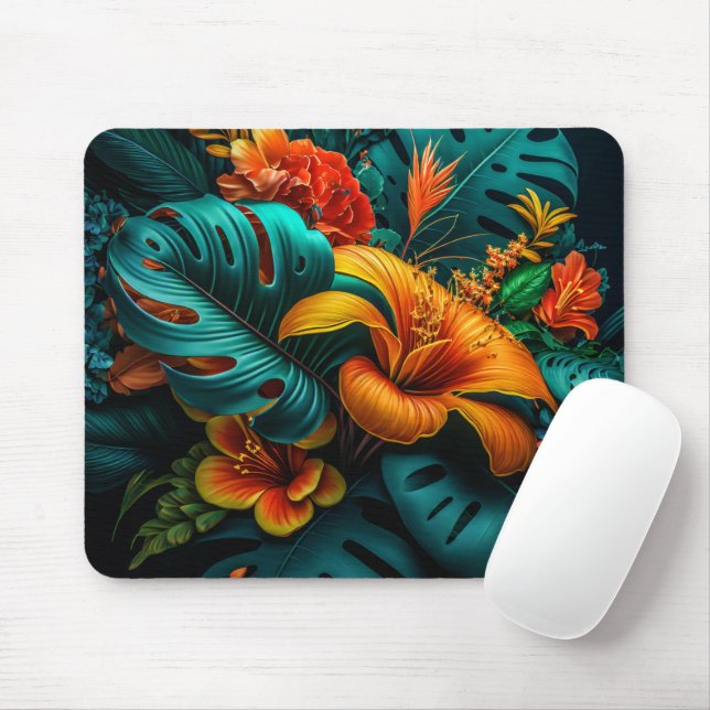 Colorful Elegant Tropical Leaves and Flowers | Mouse Pad (With Mouse)