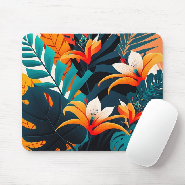Colorful Elegant Tropical Leaves and Flowers | Mouse Pad (With Mouse)