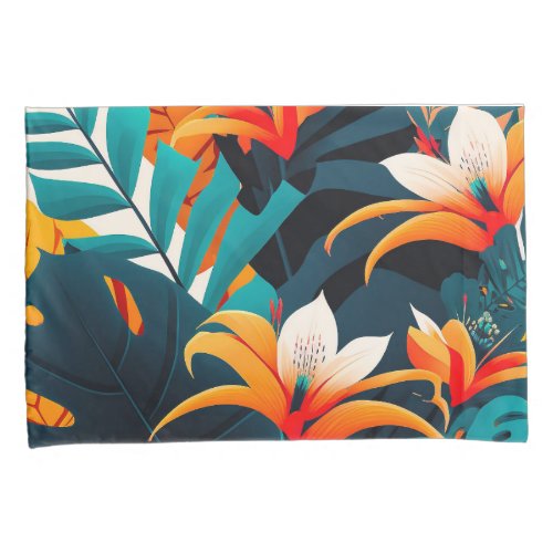 Colorful Elegant Tropical Leaves and Flowers  Pillow Case