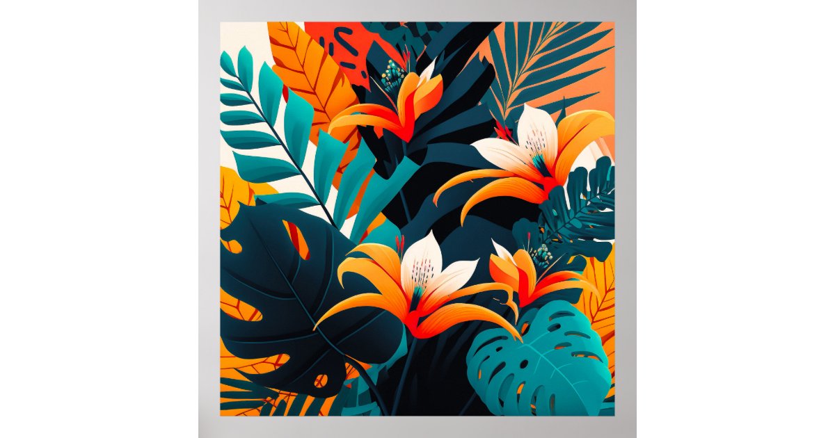 Colorful Elegant Tropical Leaves and Flowers | Poster | Zazzle