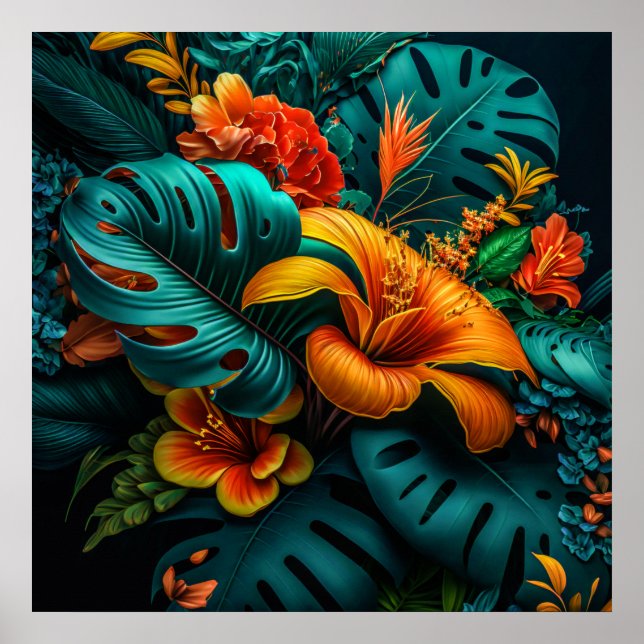 Colorful Elegant Tropical Leaves and Flowers | Poster (Front)