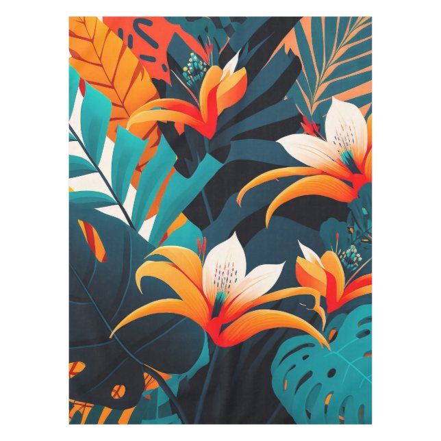 Colorful Elegant Tropical Leaves and Flowers | Tablecloth (Front)