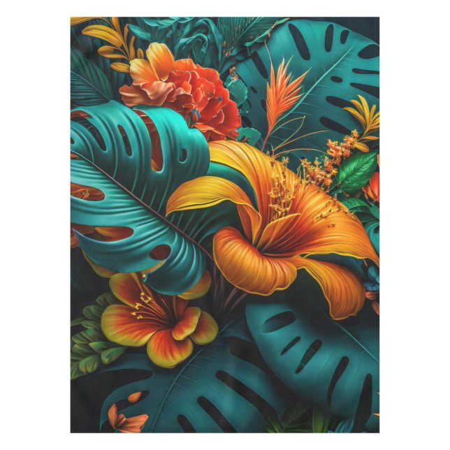 Colorful Elegant Tropical Leaves and Flowers | Tablecloth (Front)