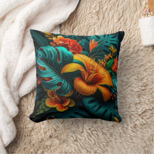 Colorful Elegant Tropical Leaves and Flowers Throw Pillow