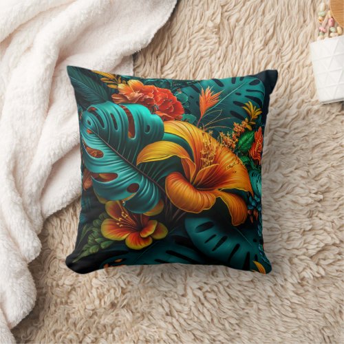 Colorful Elegant Tropical Leaves and Flowers  Throw Pillow