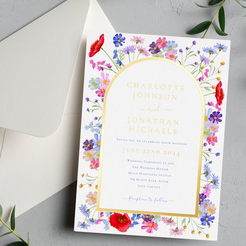 Colorful  Elegant Wildflower Arch Gold Foil Invitation
