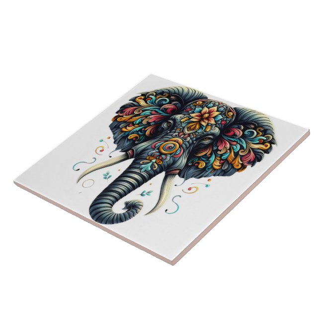 Colorful elephant adorned with intricate patterns ceramic tile (Side)