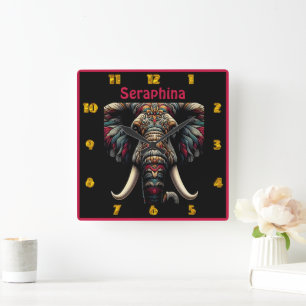 Colorful elephant art with detailed patterns square wall clock