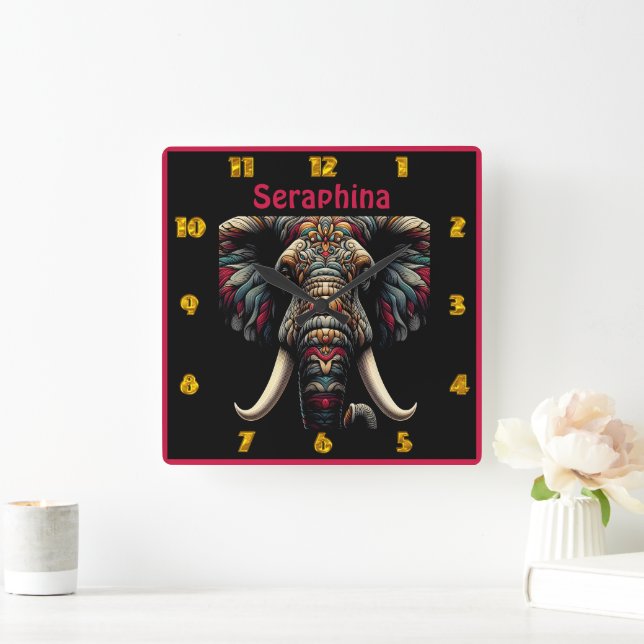 Colorful elephant art with detailed patterns square wall clock (Home)