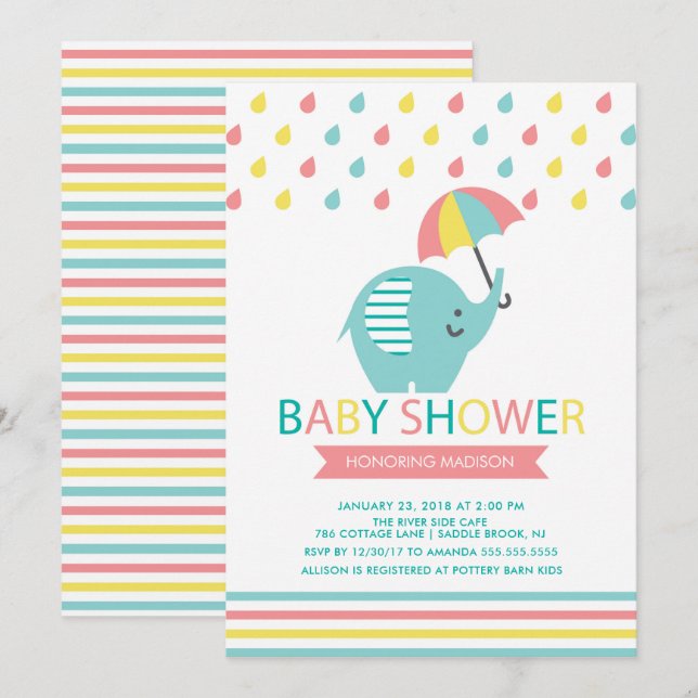 Colorful Elephant Baby Shower Invitation (Front/Back)
