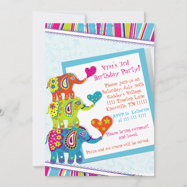 Colorful Elephant Birthday Invitation (Front)