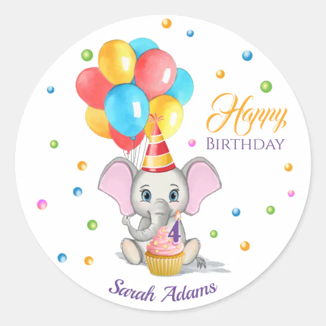 Colorful Elephant Cartoon Kids Birthday Classic Ro Round Sticker | Zazzle