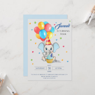 Colorful Elephant Cartoon Kids Birthday Invitation