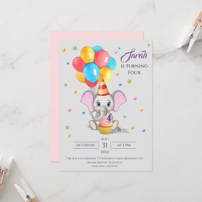 Colorful Elephant Cartoon Kids Birthday Invitation (Front/Back In Situ)