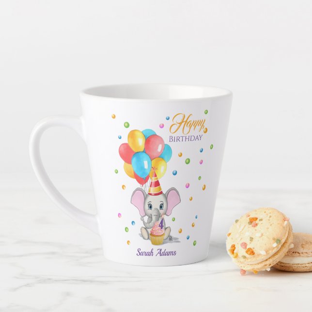 Colorful Elephant Cartoon Kids Birthday Latte Mug (In Situ)