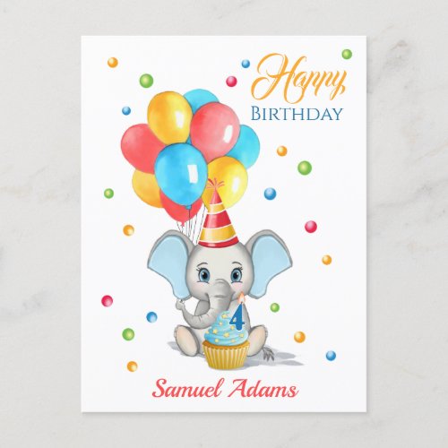 Colorful Elephant Cartoon Kids Birthday Postcard