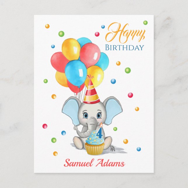 Colorful Elephant Cartoon Kids Birthday Postcard (Front)