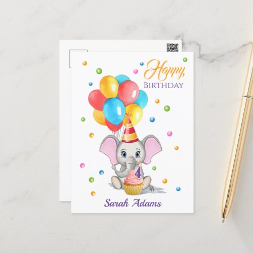 Colorful Elephant Cartoon Kids Birthday Postcard
